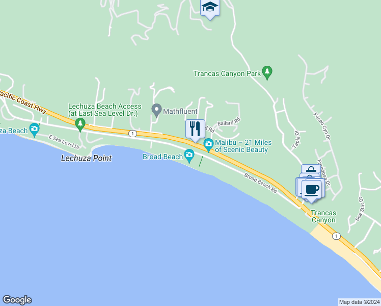 map of restaurants, bars, coffee shops, grocery stores, and more near 31232 Broad Beach Road in Malibu
