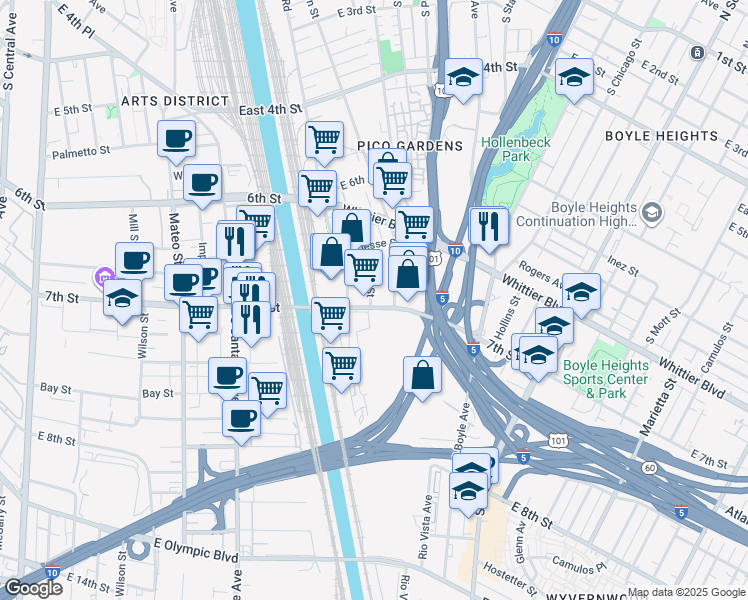 map of restaurants, bars, coffee shops, grocery stores, and more near 2231 East 7th Street in Los Angeles