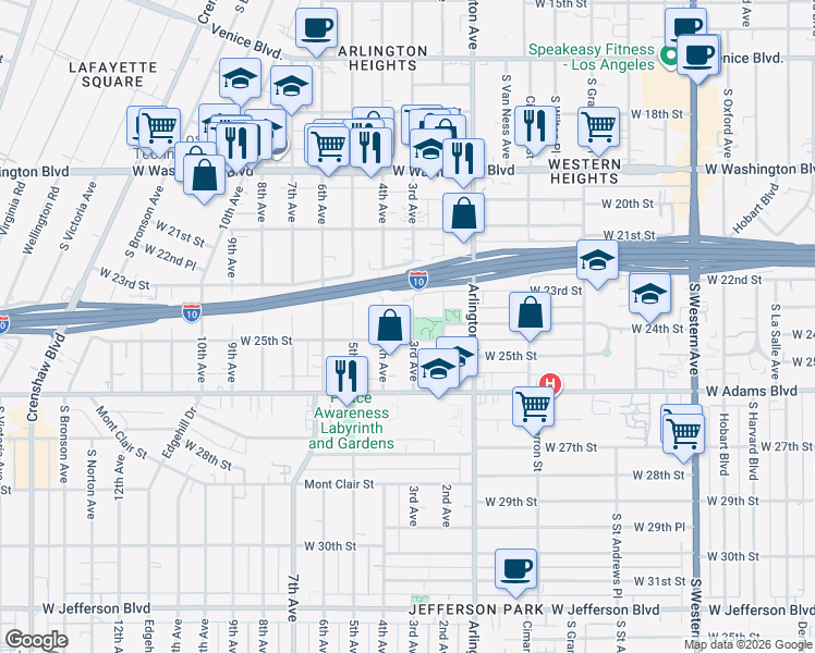 map of restaurants, bars, coffee shops, grocery stores, and more near 2419 3rd Avenue in Los Angeles
