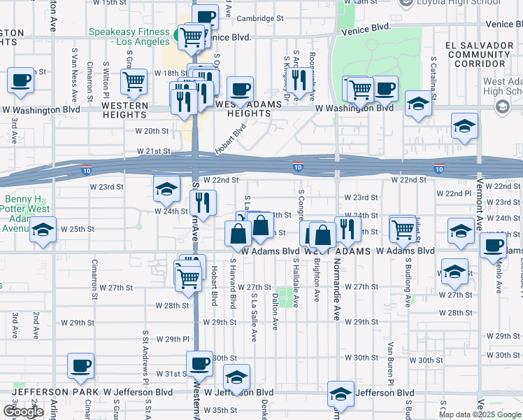map of restaurants, bars, coffee shops, grocery stores, and more near 1857 West 24th Street in Los Angeles
