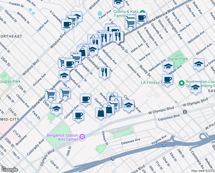 map of restaurants, bars, coffee shops, grocery stores, and more near 1633 Centinela Avenue in Santa Monica