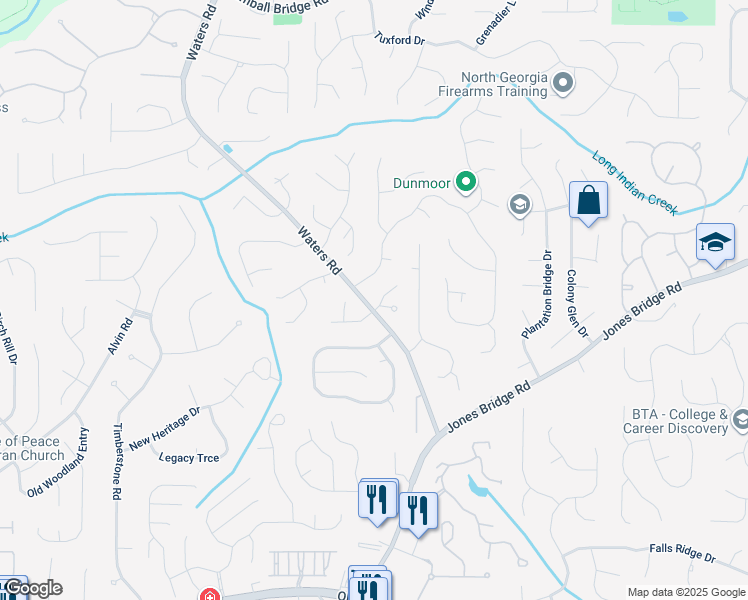 map of restaurants, bars, coffee shops, grocery stores, and more near 3680 Milton Park Drive in Alpharetta