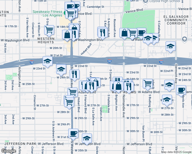 map of restaurants, bars, coffee shops, grocery stores, and more near 1857 West 24th Street in Los Angeles