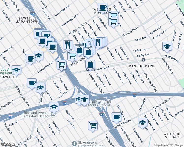 map of restaurants, bars, coffee shops, grocery stores, and more near 2510 South Sepulveda Boulevard in Los Angeles