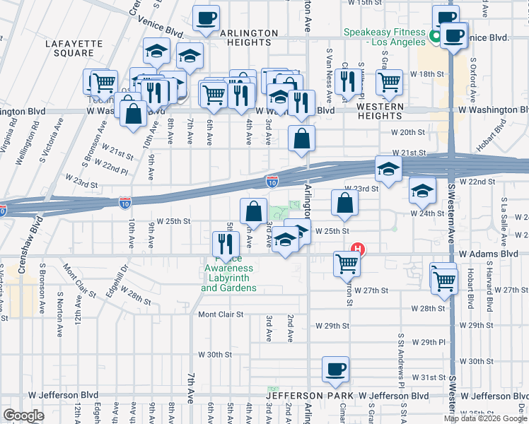 map of restaurants, bars, coffee shops, grocery stores, and more near 2419 3rd Avenue in Los Angeles