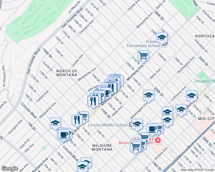 map of restaurants, bars, coffee shops, grocery stores, and more near 703 16th Street in Santa Monica