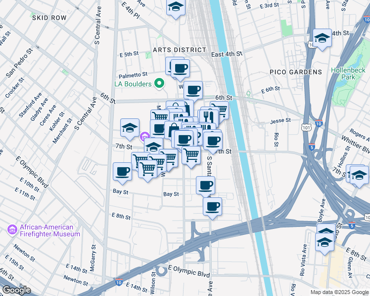 map of restaurants, bars, coffee shops, grocery stores, and more near 2027 East 7th Street in Los Angeles