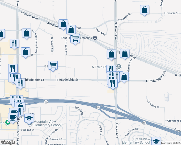map of restaurants, bars, coffee shops, grocery stores, and more near 3351 E Philadelphia St in Ontario