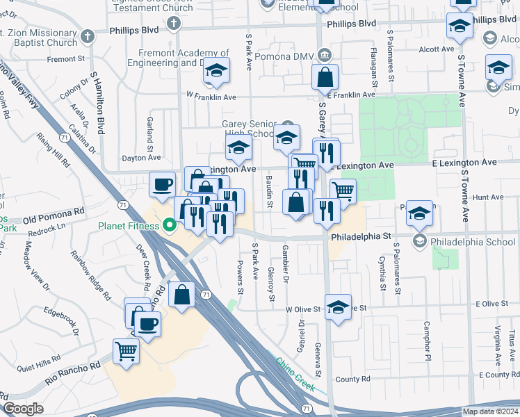 map of restaurants, bars, coffee shops, grocery stores, and more near 1965 Baudin Street in Pomona