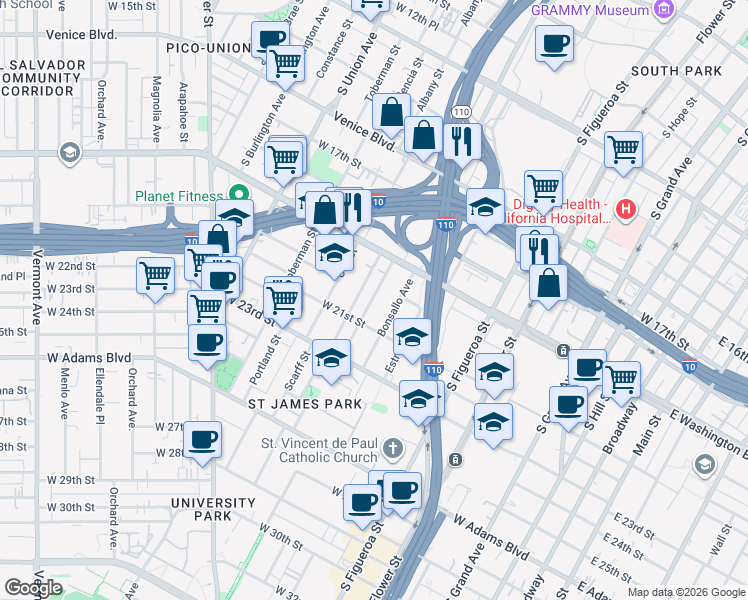 map of restaurants, bars, coffee shops, grocery stores, and more near 1934 Park Grove Avenue in Los Angeles
