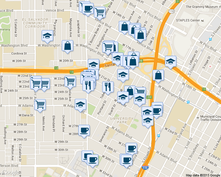 map of restaurants, bars, coffee shops, grocery stores, and more near 2112 Toberman Street in Los Angeles