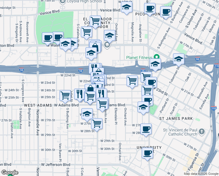map of restaurants, bars, coffee shops, grocery stores, and more near 1430 West 23rd Street in Los Angeles