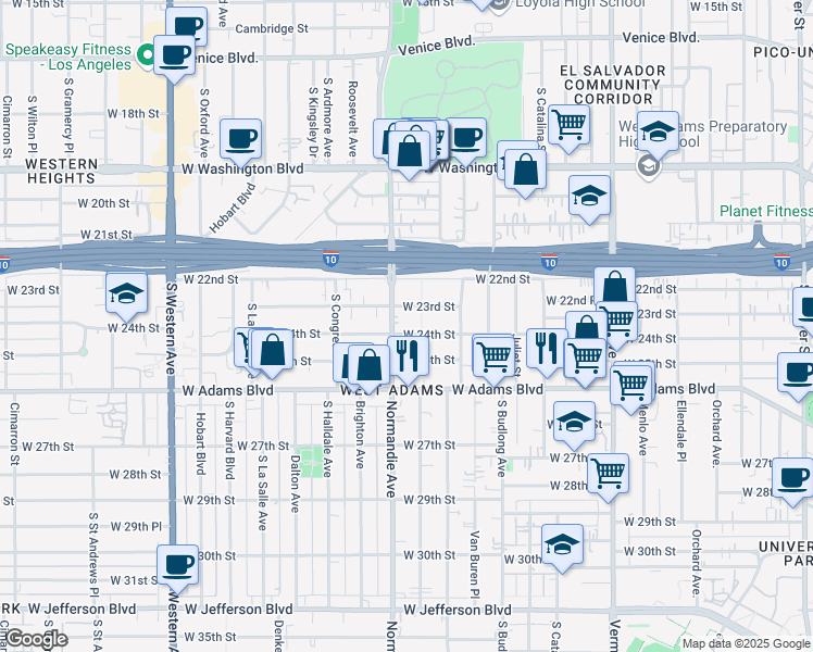 map of restaurants, bars, coffee shops, grocery stores, and more near 1677 West 24th Street in Los Angeles