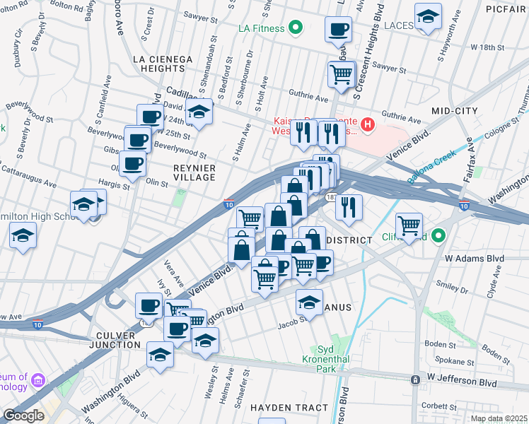 map of restaurants, bars, coffee shops, grocery stores, and more near 8645 Olin Street in Los Angeles