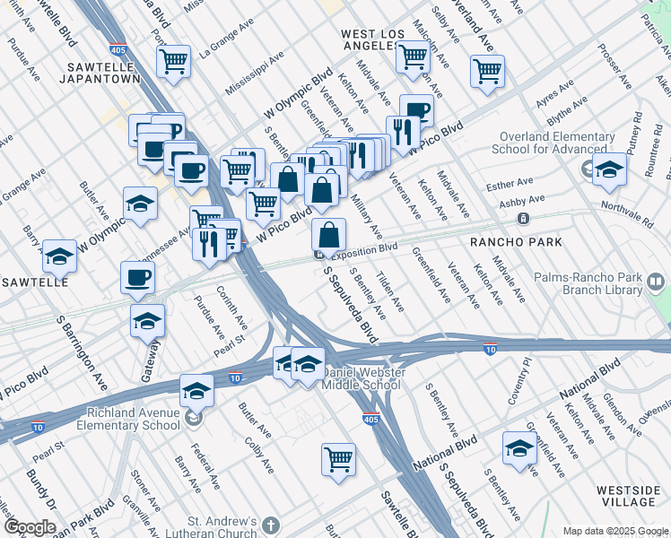 map of restaurants, bars, coffee shops, grocery stores, and more near 2510 South Sepulveda Boulevard in Los Angeles