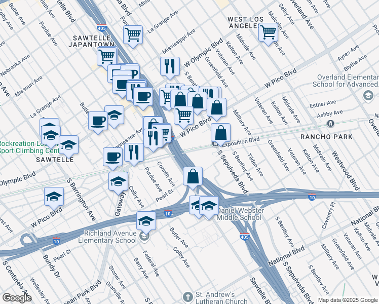 map of restaurants, bars, coffee shops, grocery stores, and more near 11200 West Pico Boulevard in Los Angeles