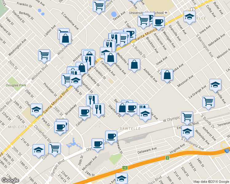 map of restaurants, bars, coffee shops, grocery stores, and more near 3124 Colorado Avenue in Santa Monica