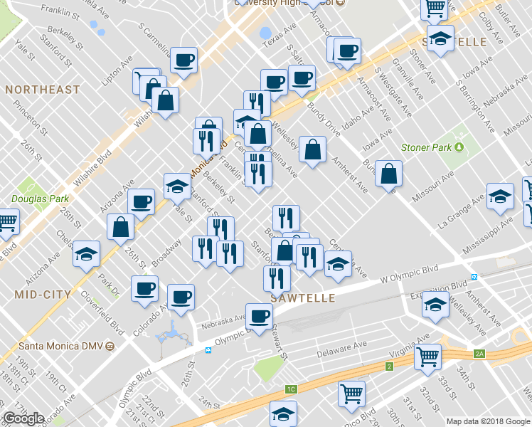 map of restaurants, bars, coffee shops, grocery stores, and more near 3124 Colorado Avenue in Santa Monica