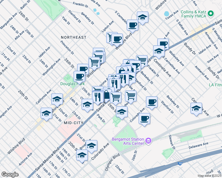 map of restaurants, bars, coffee shops, grocery stores, and more near 2715 Santa Monica Boulevard in Santa Monica