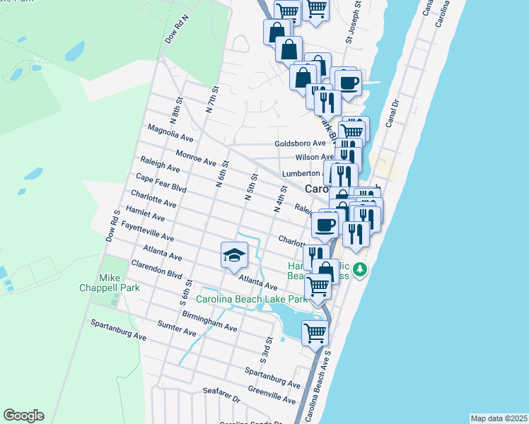 map of restaurants, bars, coffee shops, grocery stores, and more near 5 North 4th Street in Carolina Beach