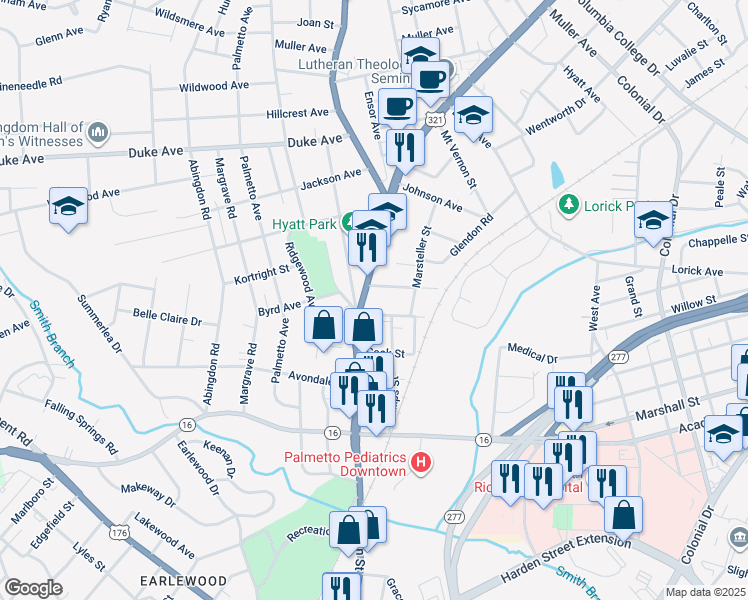 map of restaurants, bars, coffee shops, grocery stores, and more near 3709 North Main Street in Columbia
