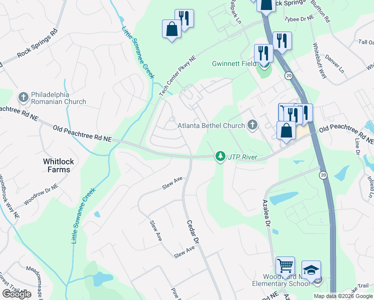 map of restaurants, bars, coffee shops, grocery stores, and more near 2635 Cedar Drive in Lawrenceville