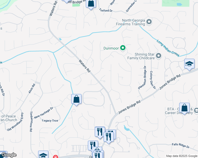 map of restaurants, bars, coffee shops, grocery stores, and more near 3680 Milton Park Drive in Alpharetta