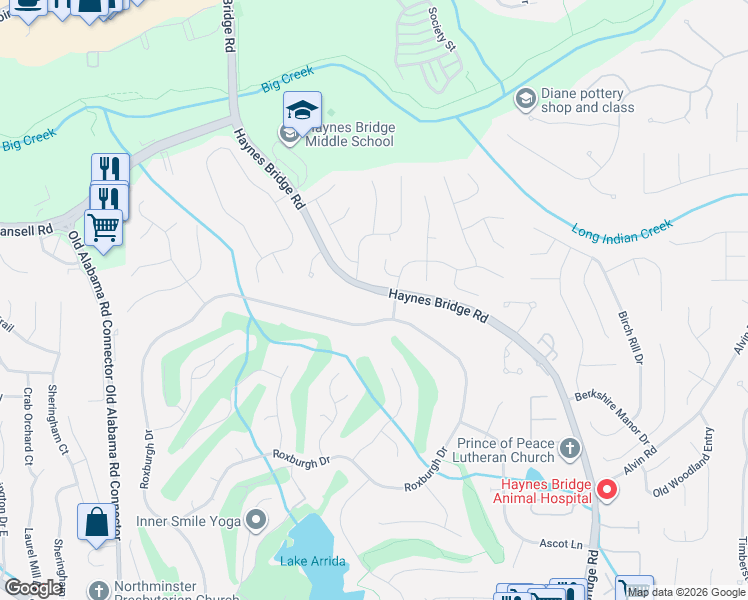 map of restaurants, bars, coffee shops, grocery stores, and more near 10550 Haynes Bridge Road in Alpharetta