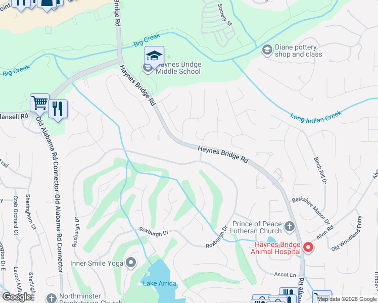map of restaurants, bars, coffee shops, grocery stores, and more near 10550 Haynes Bridge Road in Alpharetta