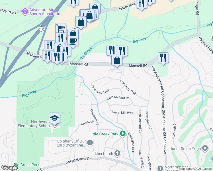 map of restaurants, bars, coffee shops, grocery stores, and more near 635 Cranberry Court in Roswell