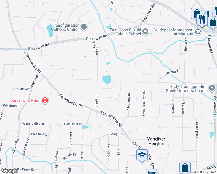 map of restaurants, bars, coffee shops, grocery stores, and more near 1819 Lake Ebenezer Trail Northeast in Marietta