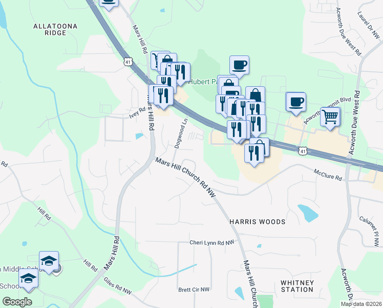 map of restaurants, bars, coffee shops, grocery stores, and more near 4748 Rose Arbor Drive in Acworth