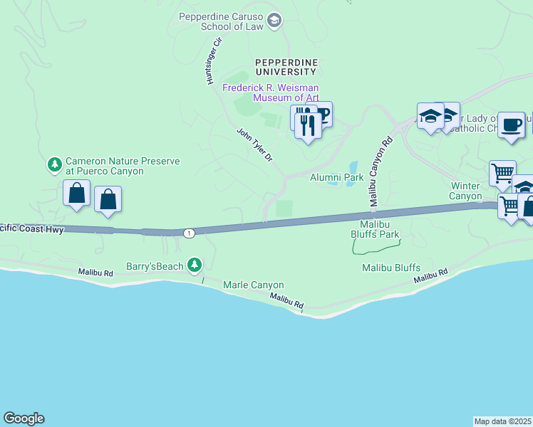 map of restaurants, bars, coffee shops, grocery stores, and more near John Tyler Dr in Malibu