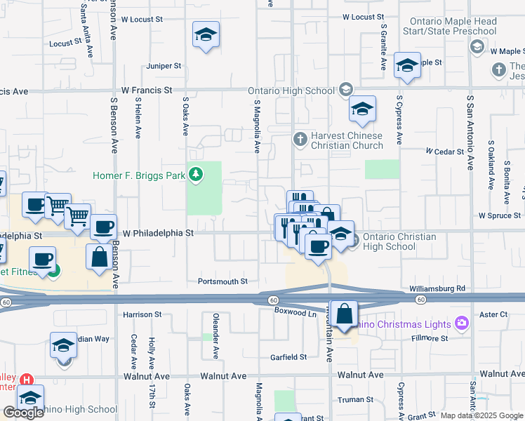map of restaurants, bars, coffee shops, grocery stores, and more near 2133 South Magnolia Avenue in Ontario