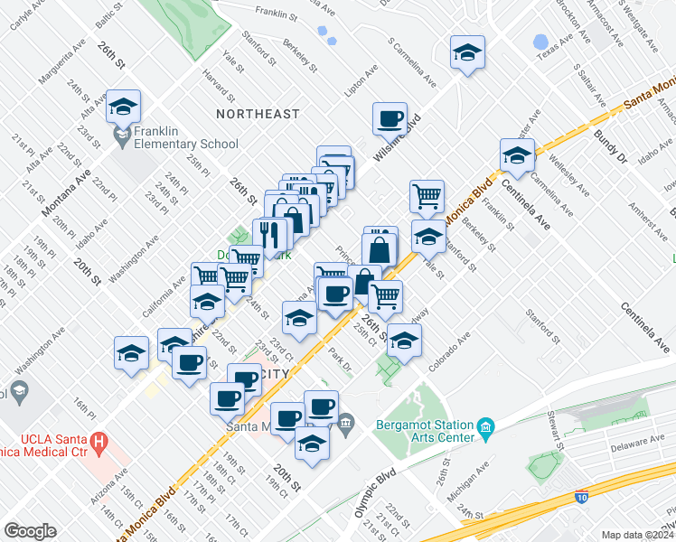 map of restaurants, bars, coffee shops, grocery stores, and more near 2618 Arizona Avenue in Santa Monica