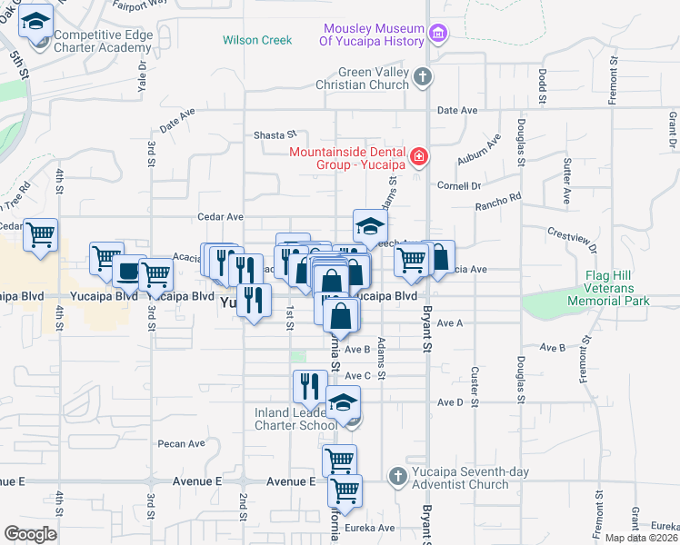 map of restaurants, bars, coffee shops, grocery stores, and more near 12049 California Street in Yucaipa