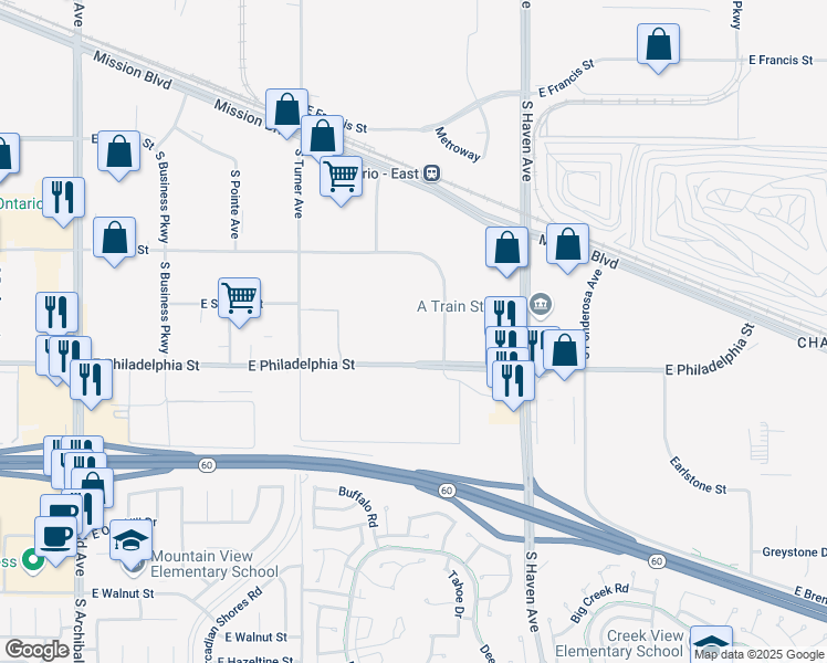 map of restaurants, bars, coffee shops, grocery stores, and more near 3351 East Philadelphia Street in Ontario