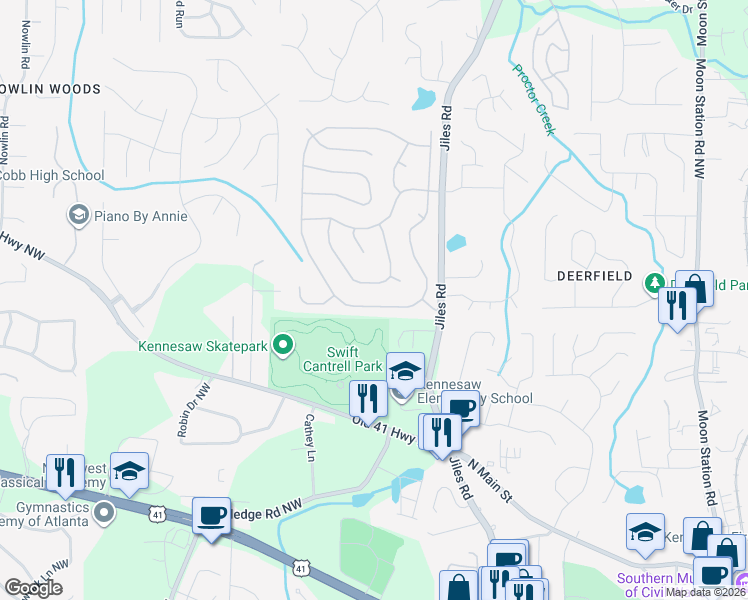 map of restaurants, bars, coffee shops, grocery stores, and more near 3540 Daventry Lane in Kennesaw