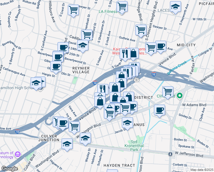 map of restaurants, bars, coffee shops, grocery stores, and more near 8645 Olin Street in Los Angeles
