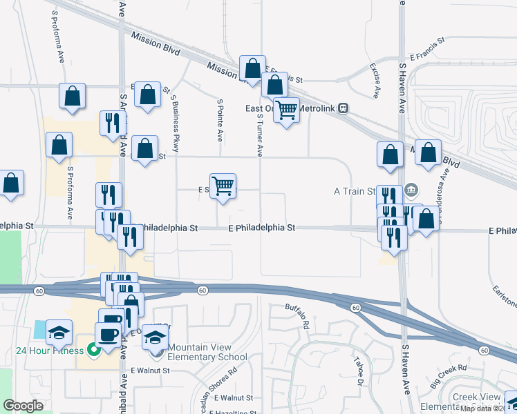map of restaurants, bars, coffee shops, grocery stores, and more near 4254 South Laguna Avenue in Ontario