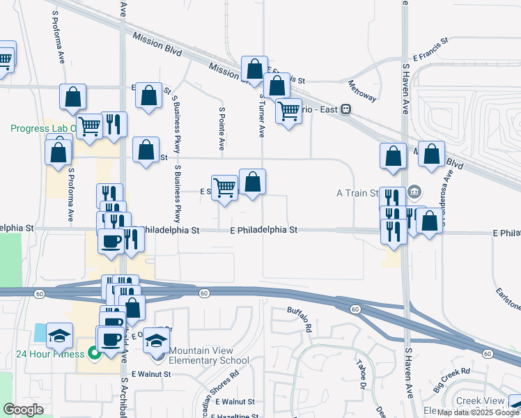 map of restaurants, bars, coffee shops, grocery stores, and more near in Ontario
