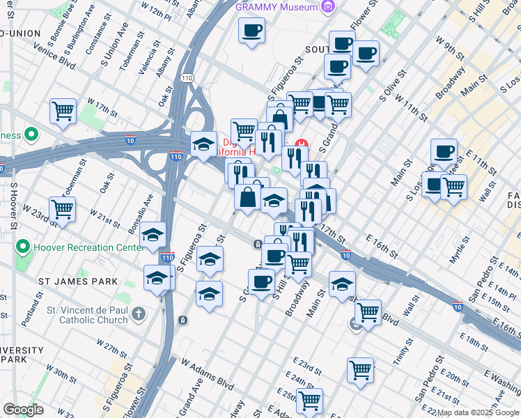 map of restaurants, bars, coffee shops, grocery stores, and more near 1801 South Hope Street in Los Angeles