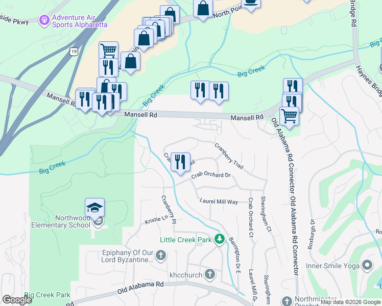 map of restaurants, bars, coffee shops, grocery stores, and more near 635 Cranberry Court in Roswell