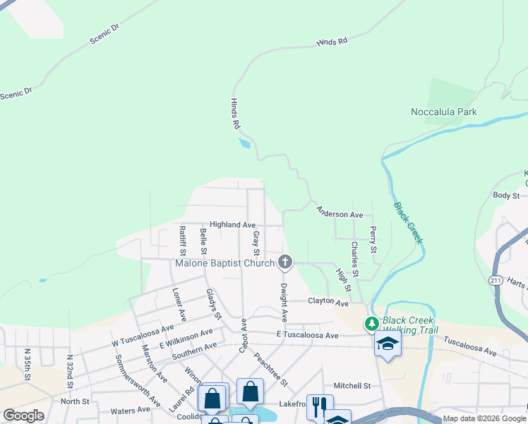 map of restaurants, bars, coffee shops, grocery stores, and more near 1304 Fowler Street in Gadsden