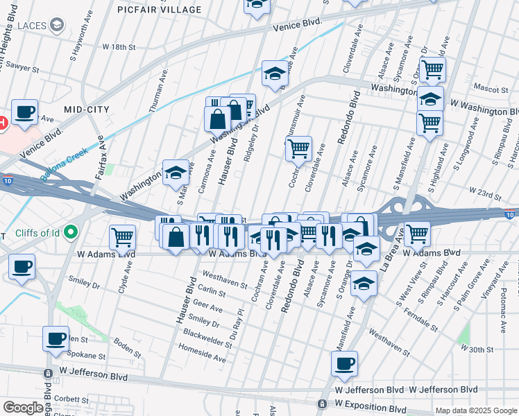 map of restaurants, bars, coffee shops, grocery stores, and more near 2435 South Dunsmuir Avenue in Los Angeles