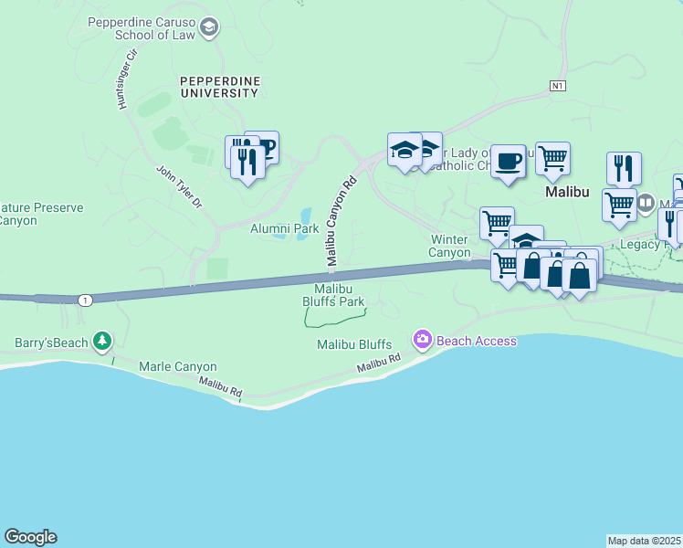 map of restaurants, bars, coffee shops, grocery stores, and more near 24225 Pacific Coast Highway in Malibu