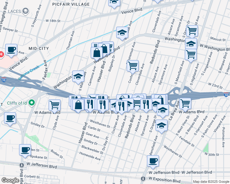map of restaurants, bars, coffee shops, grocery stores, and more near 2435 South Dunsmuir Avenue in Los Angeles