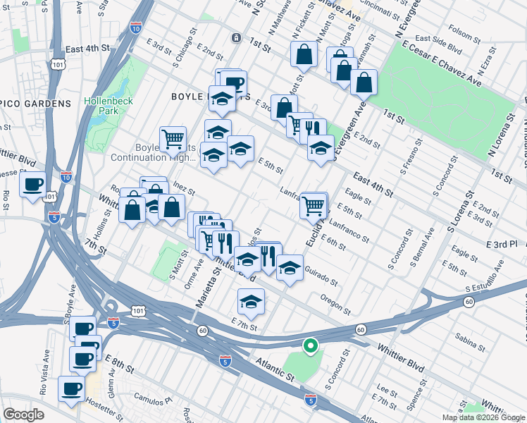 map of restaurants, bars, coffee shops, grocery stores, and more near 609 Camulos Street in Los Angeles