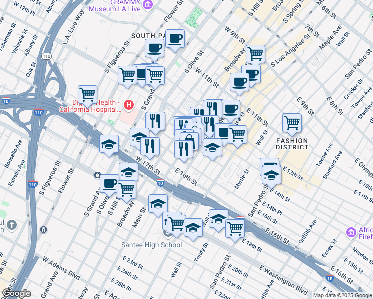 map of restaurants, bars, coffee shops, grocery stores, and more near 1410 South Main Street in Los Angeles