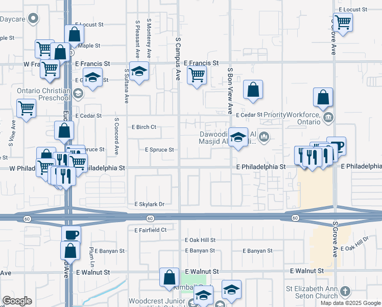 map of restaurants, bars, coffee shops, grocery stores, and more near 2119 South Phoenix Place in Ontario